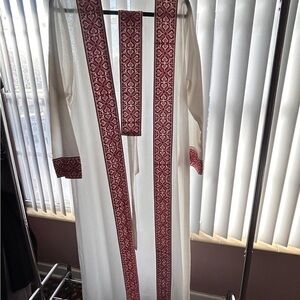 White Gown with Red Patterned Trim